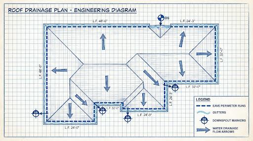 Diagram showing gutter runs and downspout locations