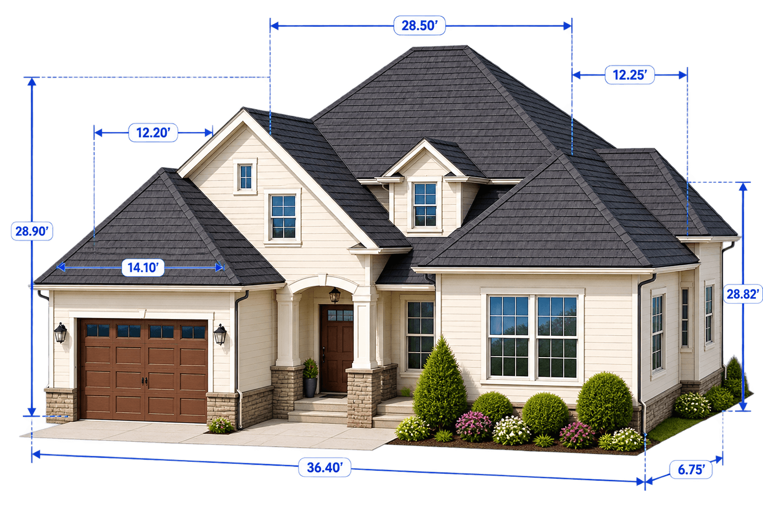 Aerial roof measurement report showing facet dimensions and pitch data